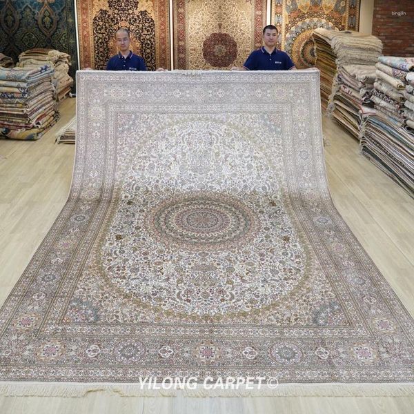 Teppiche yilong 9'x12 'handgefertigte persische Medaillon Teppiche Beige Kashmir Exquisite Seide (LH170A)