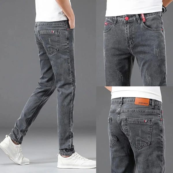 Spring and Autumn Fashion Solid Color Solid Comove Jeans Mens Slim Elandesi Sleet Slet Small Gambe Pants 28-36 240420