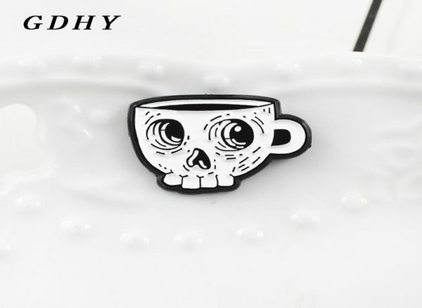 Gdhy weißes Skelett Kaffee Tasse Brosche Brosche Emaille Pin Schädel Tasse Death039s Schädel Cafe Revers Hemd Brooch Emblem Halloween Geschenk1588005