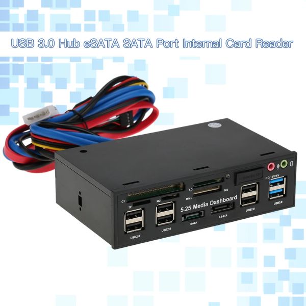 Leitor multifuncional USB 3.0 Hub ESATA SATA Porta interna Reader PC Dashboard Media Painel frontal Áudio