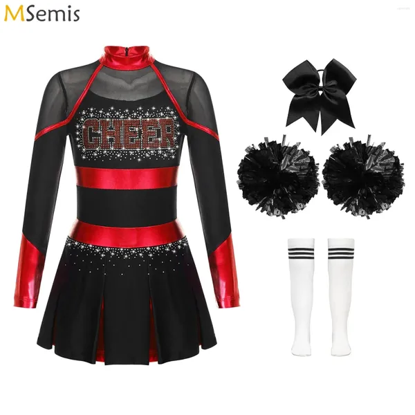 Abbigliamento da palcoscenico per bambini che allegria leader costume da costume Carnival Dance Party Uniforme da cheerleader con Pom Poms Stocks Dancewwear da scolaretta