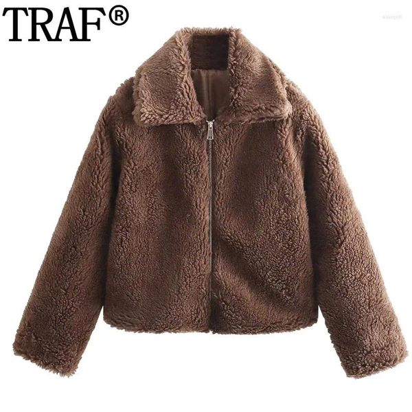 Kadın ceketleri kırpılmış oyuncak ceket kadınlar fermuar pole kadın peluş peluş sıcak kışlık ceketler 2024 vintage uzun kollu kısa