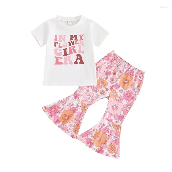 Kleidungsstücke kleine Mädchen 2-teilige Set kurzarm runden Hals Buchstaben Print T-Shirt Elastic Taille Floral Flare Hosen Kleinkind Sommer-Outfits