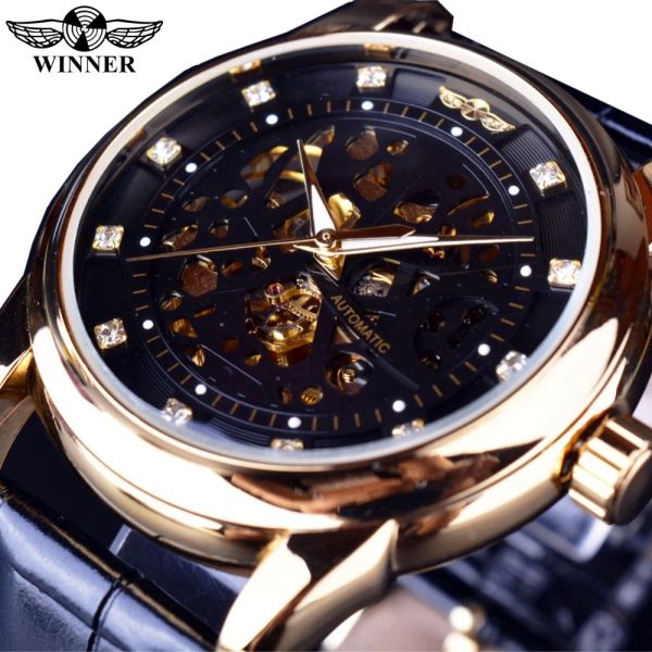 RELISTA VENCEDOREIRO REALION Diamond Design Black Gold Watch Montre Homme Mens Watches Top Brand Luxo Relógio Relógio de Esqueleto Mecânico Relógio