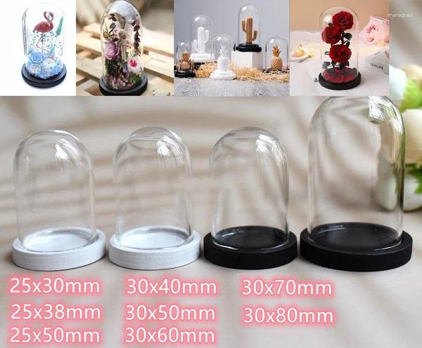 Figurine decorative 8pcs cloche a cupola in vetro trasparente con pellicola di base in legno nero per piante succulente fata leggera