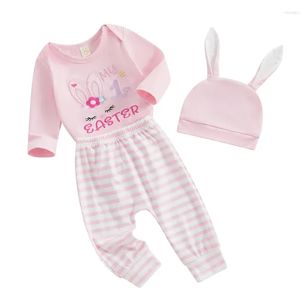 Set di abbigliamento Pudcoco bambino bambina set pasquale set a collo tondo maniche lunghe pagliaccetti elastici pantaloni cappello 3 pezzi 0-12m