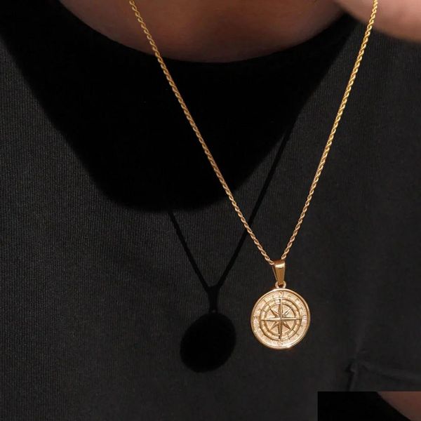 Anhänger Halsketten Gold Farbe Herren Kompass Vintage Nordstern Anker Medaille 14k gelb für männliche Vater Freund Geschenk Drop Lieferung Schmuck otegk