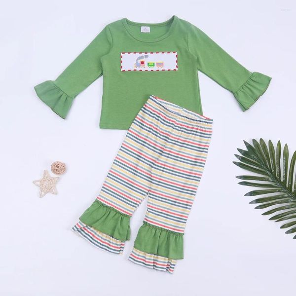 Одежда наборы бутик -малыш зеленые наряды для маленьких девочек набор поезда вышивка хлопчатобумажной полосы с длинным рукавом для баби девушки
