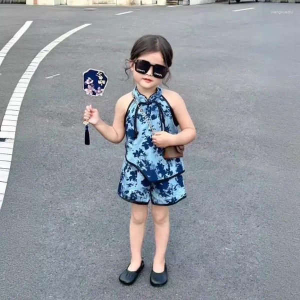 Roupas se põe em camisa sem mangas de meninas shorts de duas peças de duas peças ternos de verão chinês Flor artística vintage chinesa roupas doces elegantes roupas