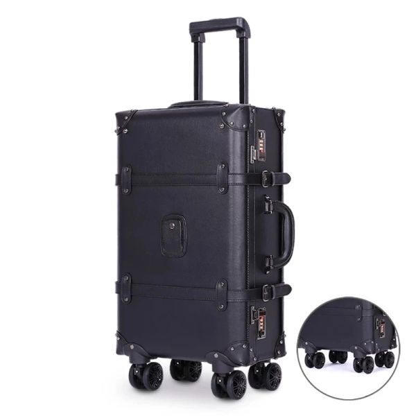 Чемоданы Новая ретро -ролловая багаж Спиннер Винтажный кожаный чемодан на колесах на колесах.