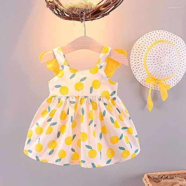 Mädchenkleider Sommer dünne Kinder Kleidung Mädchen runder Hals Druck ärmellose Spleiß Rüschen Baumwolle Camisole Slip Prinzessin Kleid Trend