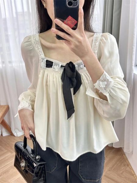 Bloups feminina Mulheres Blusa de renda Camisa de laço com borda esbelta Borda de seda de pescoço de borda Top de manga longa French Sweet Style