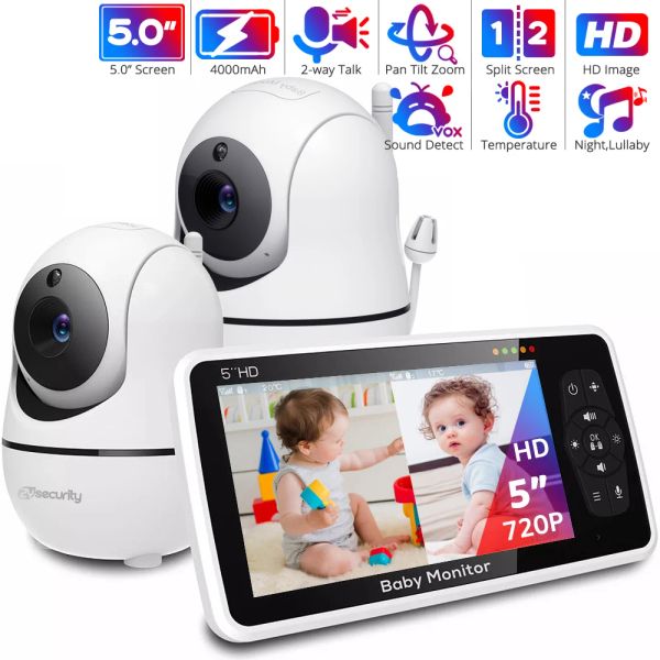 Monitor 5''HD Baby Monitor con 2 telecamere PantIlt 4x Zoom 2way Audio Baby Camera Nanny Night Night Vision 22hour Babysitter video Babysitter