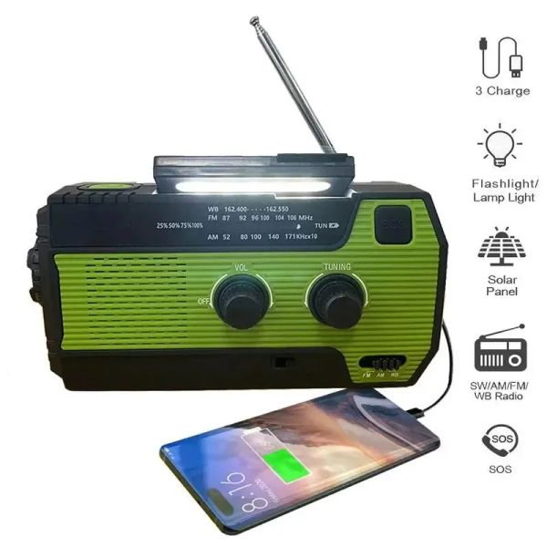 Radio Meteo Radio Emergenza Multifunzionale Mano Grove Solari USB Carica FM AM WB 4000MAH LED LADIGHT LAMPAGGIO DI LEGGIO