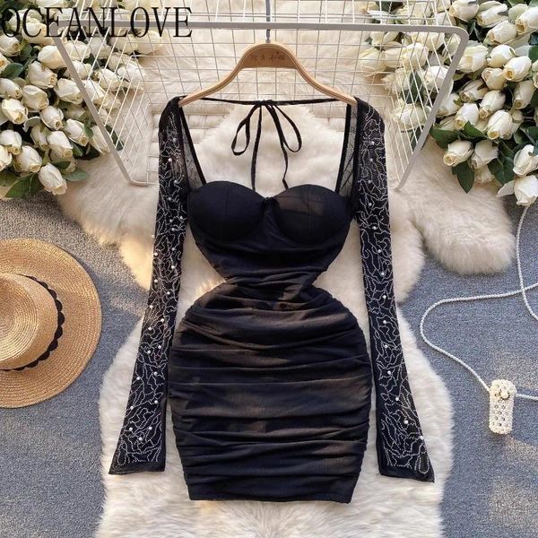 Lässige Kleider Oceanlove sexy Clubparty für Frauen Mesh Verband Strass Rsesonstone Herbst Winter Vestidos High Taille Korean Fashion Mini Kleid