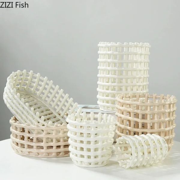 Teste imitazione intrecciato cestino in ceramica intrecciato drenaggio creativo vassoio per spazzolino da denti spazzolino per la casa strumento di stoccaggio del pane vegetale