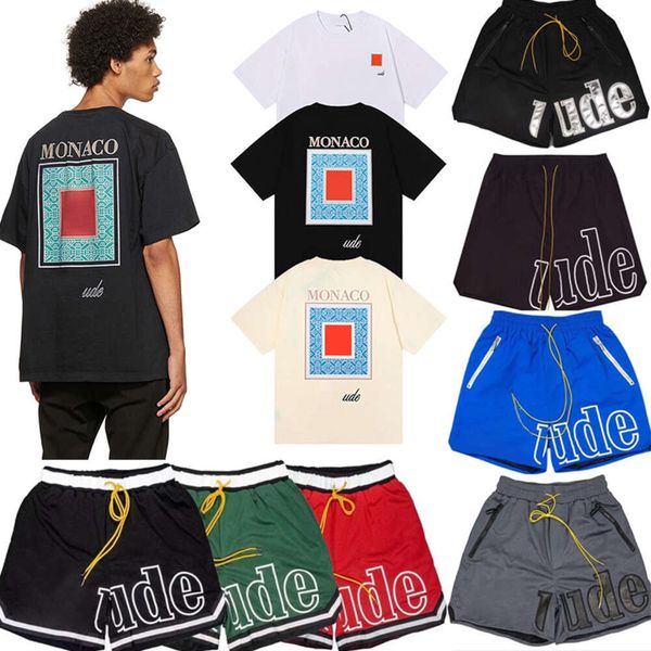 Shorts rhude cenário de designer camisetas masculinas praia calça curta algodão feminino mangas curtas camisetas casuais camiseta versátil seca rápida malha respirável tops