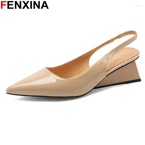 Отсуть обувь Fenxina 2024 Подлинные кожаные женские насосы заостренные Te slingbacks Летние клинья.
