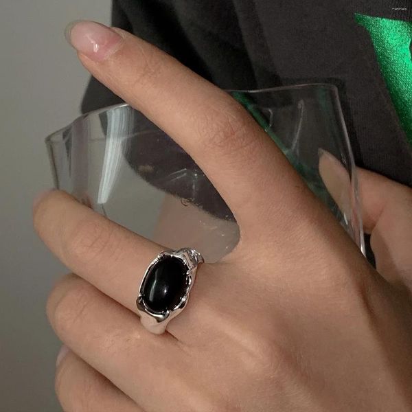 Ringos de cluster 925 anel de abertura de pedra preta de prata esterlina para mulheres garotas retrô punk coreano Ins temperamento Jóias de moda de moda por atacado