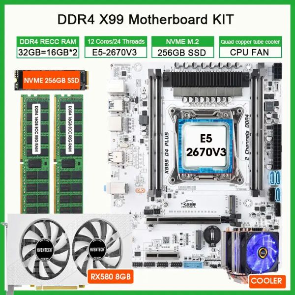 Placas -mãe x99 placa -mãe LGA20113 kit Intel Xeon E5 2670 V3 CPU 32GB (2*16G) 2133MHz DDR4 RAM 256GB NVME M2 SSD GPU RX 580 8GB CPU Cooler Cpu