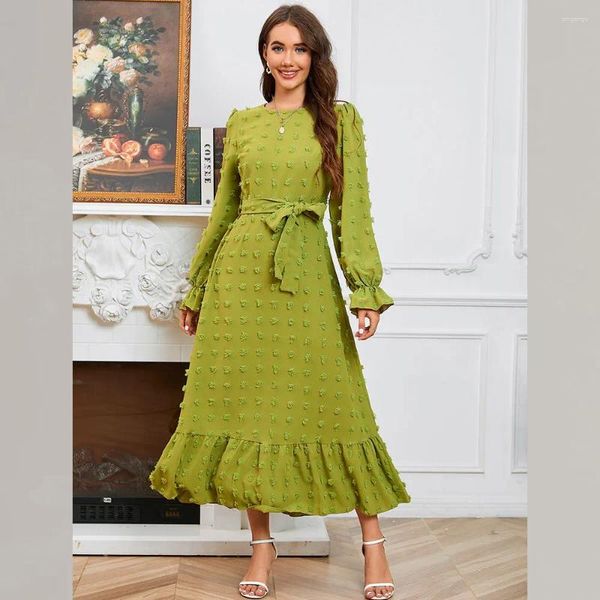 Lässige Kleider Muslim Kleid Bubble Sleeves Büro Dame Lang Frauenkleidung Arabisch O-Neck Dubai Türkei für Party Elegant