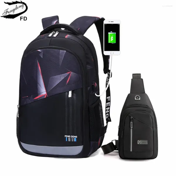 Backpack Fengdong High School for Boy Sling ombro Bolsa de peito Men Bags Male laptop USB Charge College