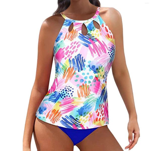 Menas de banho feminina Mulheres barbeadores de biquíni elétrico Two High Neck Tankini Swimsuits para trajes de banho Top de tampo de estampa floral