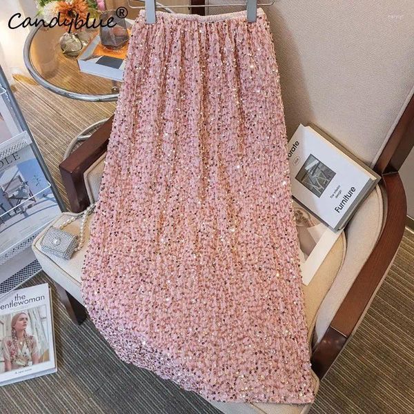 Saias brilhantes de lantejoulas de lantejoulas chic femininas chiques A-line High Caistas Moda Coreana Elegante Meio-Calif para Mulheres 2024 Autumn