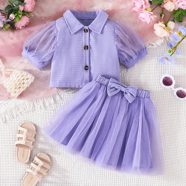 Наборы одежды 2024 Летние девочки дети с коротким рукавом с коротким рукавом фиолетовой рубашки топов лук -юбки детская повседневная одежда
