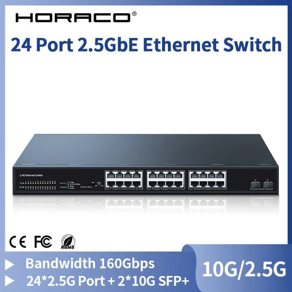 Switches Horaco 2.5GBE 24 Port Ethernet Switch 2 Port 10G SFP+ Network Switcher 160G Bandwidth Networking Hub Internet Splitter Plugplay