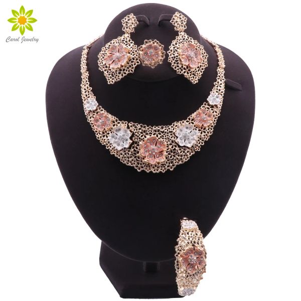 Strands Mode Multicolor Dubai Schmuckset Indian Schmuck Set Braut Hochzeit elegante Frauen Blumenform Halskette Armband Ohrringe