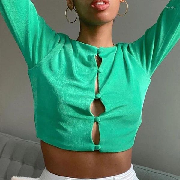 Kadın Tişörtleri 2024 Parti T-Shirts y2k üstleri indie kadınlar rahat uzun kollu kısa gömlek yaz yeşil mahsul üst çift katman düğmeleri