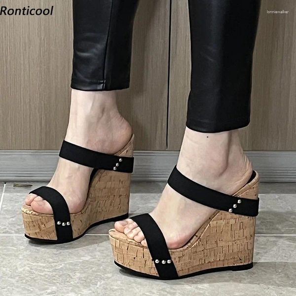 Sandalen Ronticool Real Pos Women Sommerplattform Keile High Heels rund Zeh schöne schwarze Kleidungsschuhe US-Größe 4-20