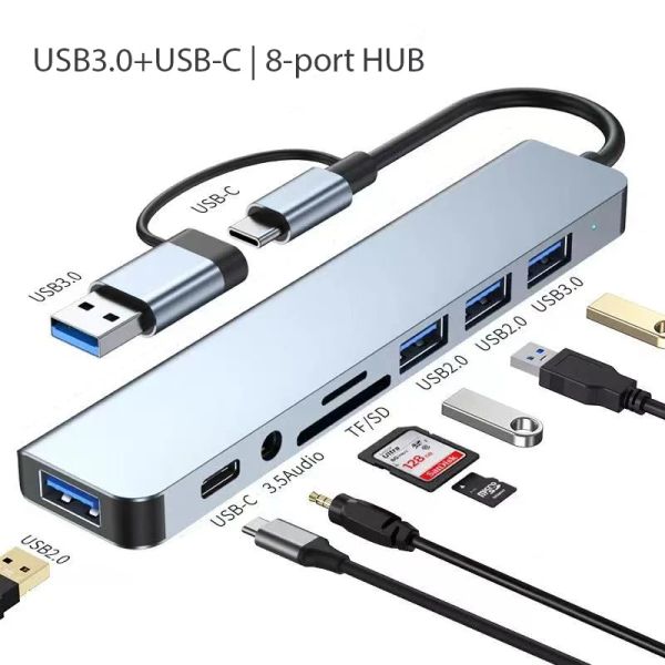 Hubs 8in1 USB C Hub Type C Adapter Dock Station USB -разветвитель тип C в USB OTG TF SD Card Reader 3,5 мм конвертер разъем для MacBook Pro