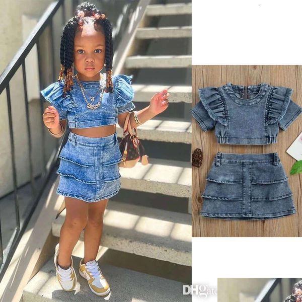 Roupas conjuntos de verão Crianças de crianças garotas Duas tampos de jeans de peça de vestido e saia em camadas de jeans lavados estilo infantil infantil de jeans DHRO DHESSO