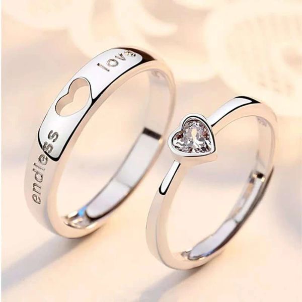 Bande 2pcs/set regolabile a forma di cuore regolabile a forma di rame in cristallo platino coppia anello uomo donna di dita gioielli all'ingrosso spedizione gratuita