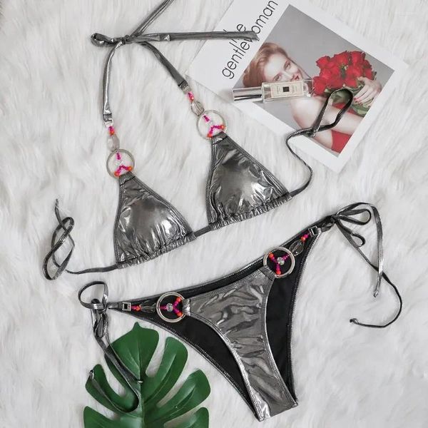 Frauen Badebekleidung Luxus -Strass -Badeanzug Frauen Solid Silber glänzender Leder Bikini 2024 sexy Tanga Brasilianer Strand Badeanzug Sommer