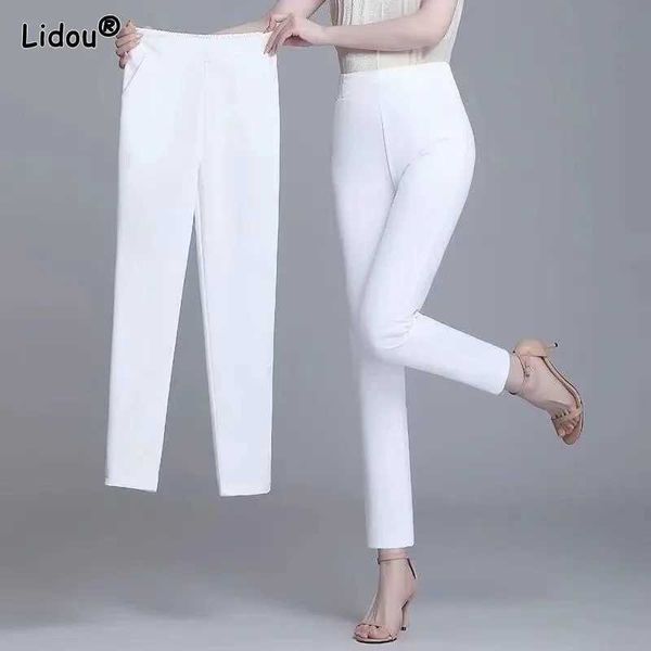 Calças femininas Capris Black White Color Alta Estreto Primavera Palnta Lápis de Polícia Cintura elástica PLUSTE TIM TIM TRIM Quarto Casual Y240422