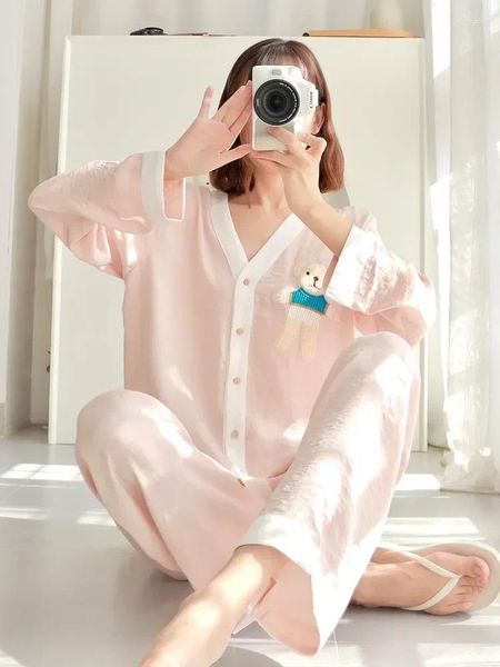 Women's Sleep abbigliamento Cotone Bear Spring 2024 Pure Paredomas Home V-Neck and Clothes Long High-end sottile di seta autunnale di alto livello.