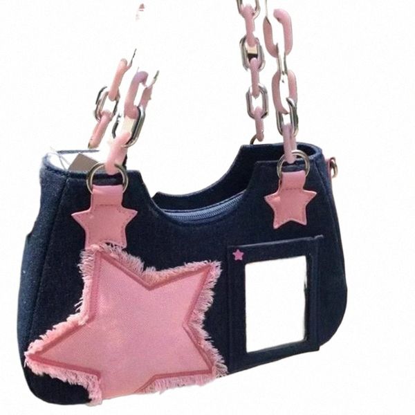 Y2K Vintage Korean Fi Plower Underarm harajuku Star Tote Denim Bag Chain Ladies Bags Zip кошельки лоскутные сумочки Женщины 56 мкм#