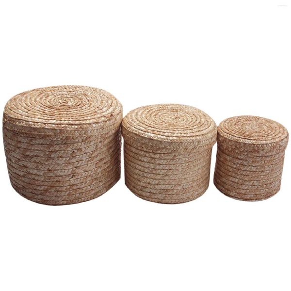 Bolsas de joias 3 PCs/Definir cesta de armazenamento de palha feita à mão com tampa de lanches de lanches cestas de lavanderia de lavanderia