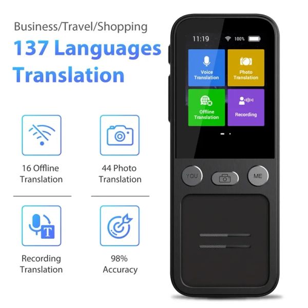 Переводчик T16 AI Voice Voice Translator Machine 138 Multi Online Languages VoicereCord 3,1 дюйма большого экрана Портативный офлайн -торговец