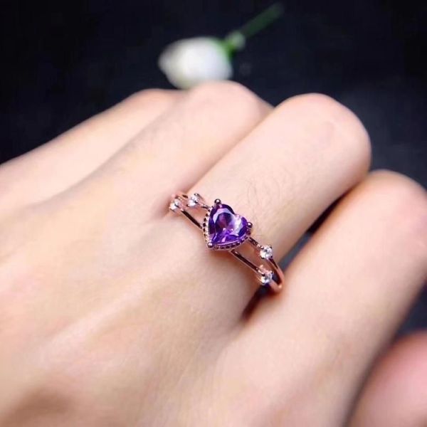 Кластерные кольца натуральное кольцо аметиста для женщин фиолетового хрустального сердца. 14K Ювелирные ювелирные изделия из розового золота с бриллиантами Подарок 228d