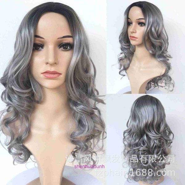 Designer Wigs Human Hair for Women Hair Wig Cover tingido gradiente preto cinza Fibra sintética curta longa e cacheada