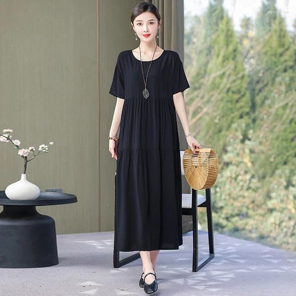 Parti Elbiseleri Vintage Siyah Kadınlar Yaz Sundresses 2024 Düz Renk Gevşek Uzun Elbise Kadınlar Pembe Yeşil Kısa Kol Koreli