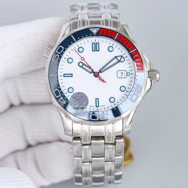 Mais alta qualidade Comandante Diving Watch Edição Limitada 007 Pulseira de aço inoxidável Bolecela de cerâmica esmaltada branca 42 mm Dial grande Sapphire