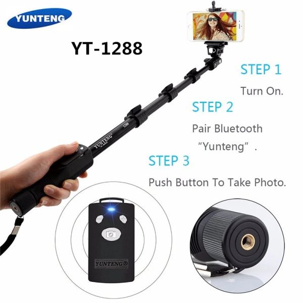 Klammern Originalmarke Yunteng 1288 Selfie Sticks Handheld Monopod + Telefonhalter + Bluetooth -Verschluss für iPhone Gopro Kamera