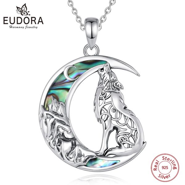 Halsketten Eudora 925 Sterling Silber Wolf auf der Mond Halskette für Männer Frauennatural Abalone Muschel Wolf Anhänger Tierreihe Schmuck Geschenk