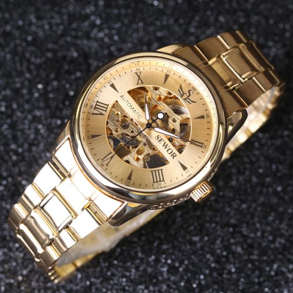 Kits Sewor assistir Business Gold Business Gold Men Skeleton Watches Full Steel Aço Automático Mecânica Relógio Relógio Relógio Masculino