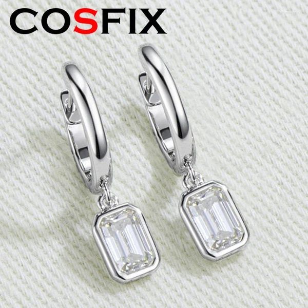 Brincos de garanhão Cosfix Luxury Hoop for Women 4x6mm Emerald Cut Moissanite Dangle Huggie Silver 925 Jóias originais